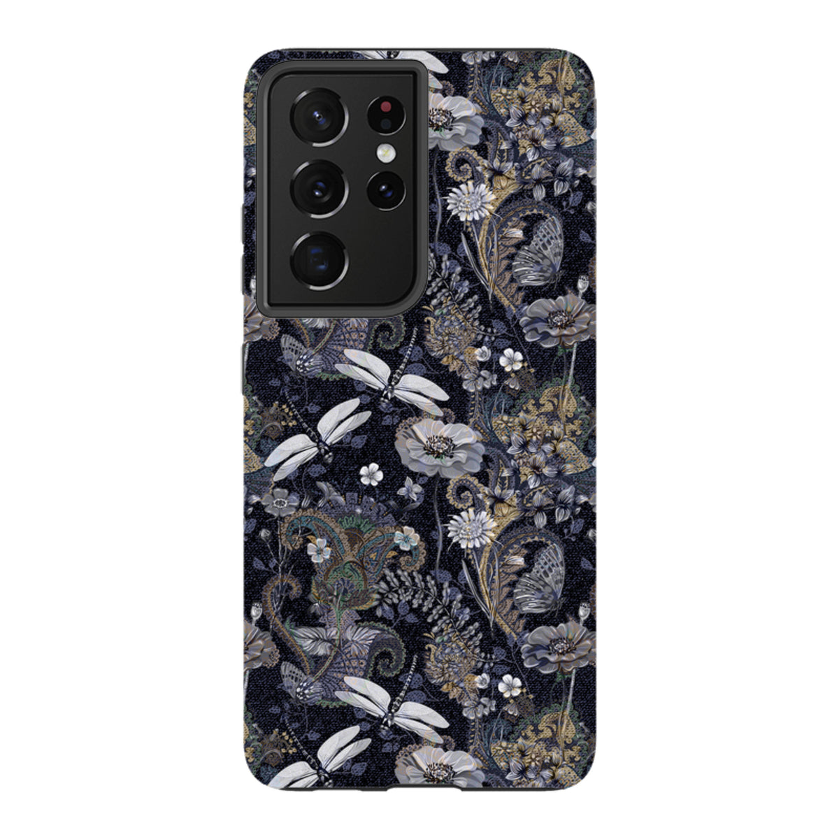 Samsung Tough Case featuring a dark Belsay floral and dragonfly pattern with a protective dual-layer design.