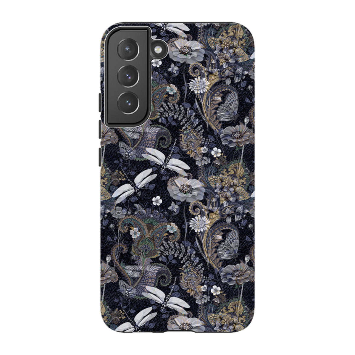 Samsung Galaxy tough case featuring a dark Belsay pattern with dragonflies, flowers, and intricate paisley motifs.