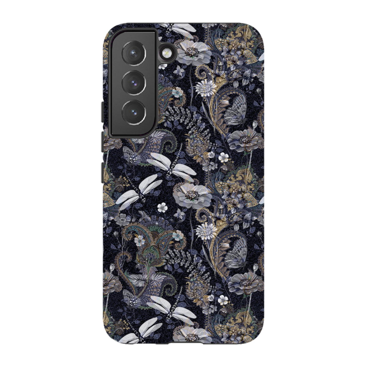 Samsung Tough Case featuring a dark Belsay floral and dragonfly pattern with a durable dual-layer protective design.