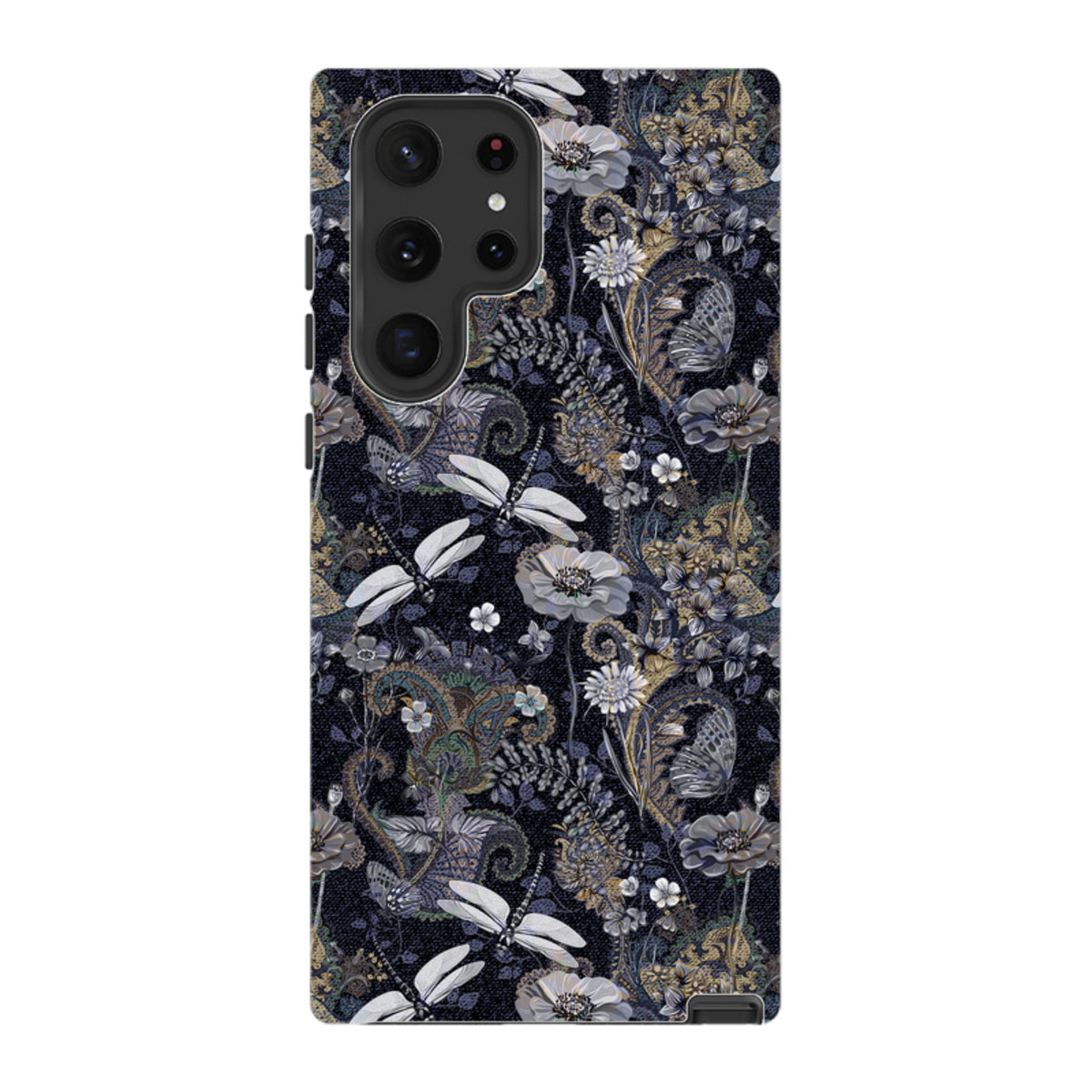 Samsung Tough Case featuring a dark Belsay floral and dragonfly pattern with dual-layer protection and camera cutouts.
