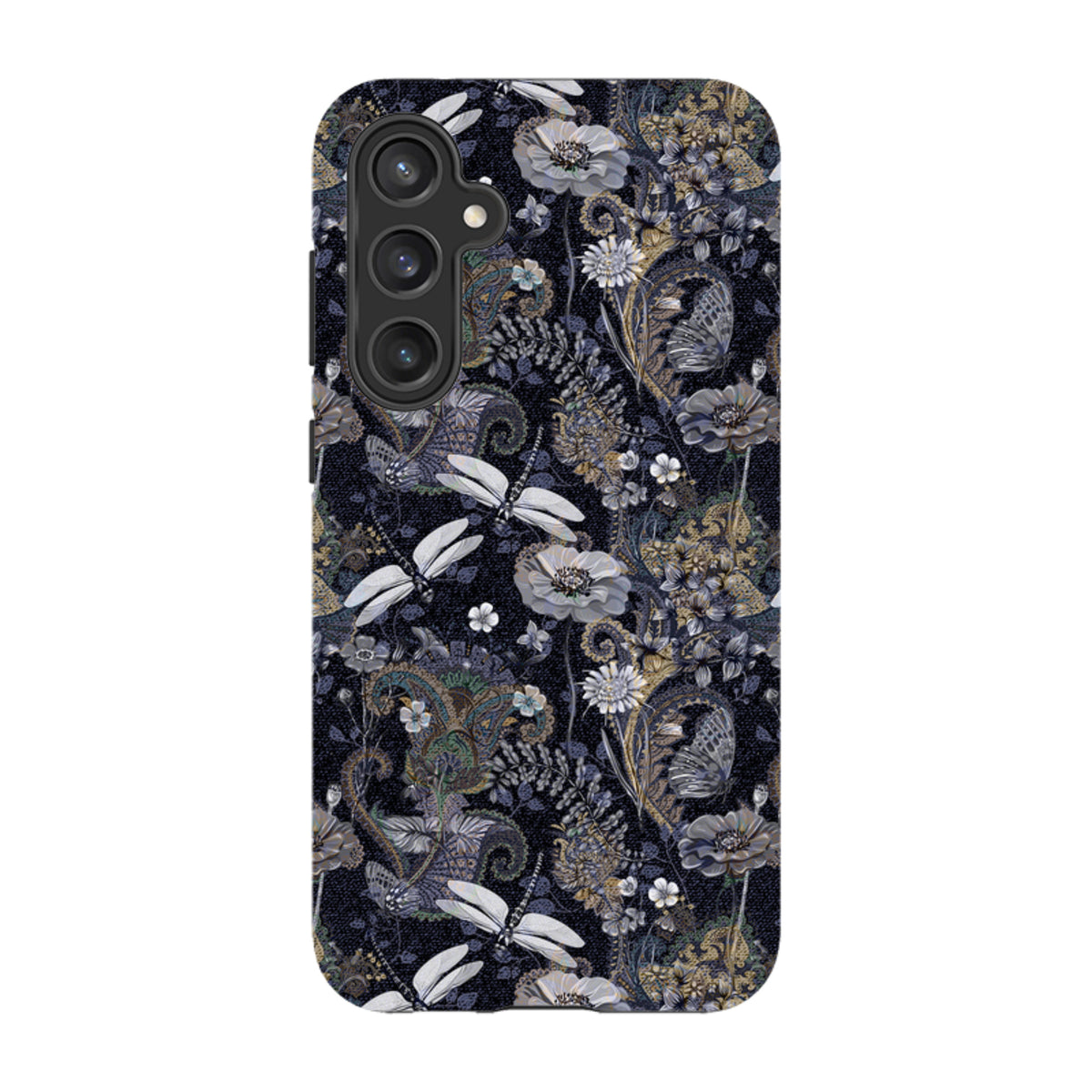 Samsung Tough Case featuring a dark Belsay floral and dragonfly pattern with a durable dual-layer protective design.
