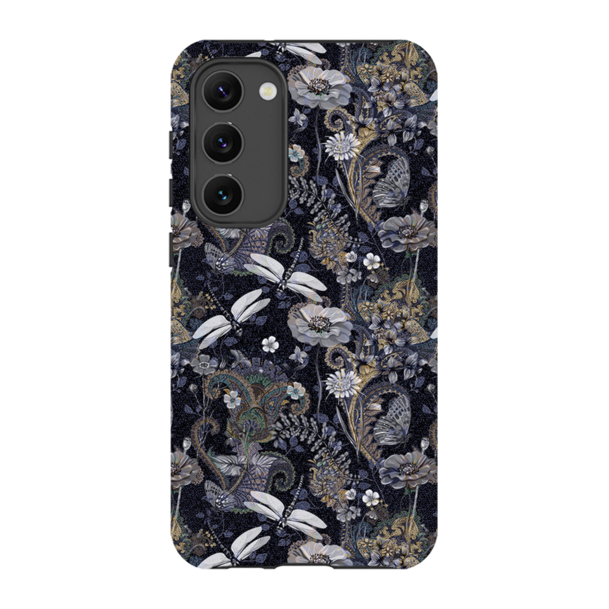 Samsung Tough Case featuring a dark Belsay floral and dragonfly pattern with dual-layer protection and camera cut-outs.