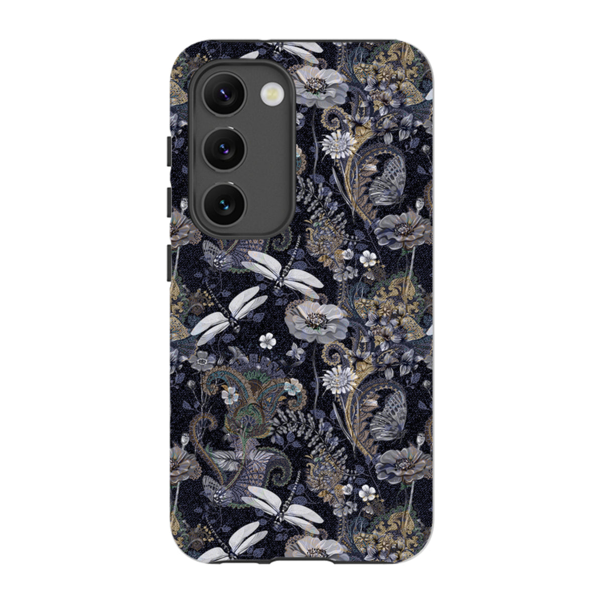 Samsung Tough Case featuring a dark Belsay floral and dragonfly pattern with a durable dual-layer design.