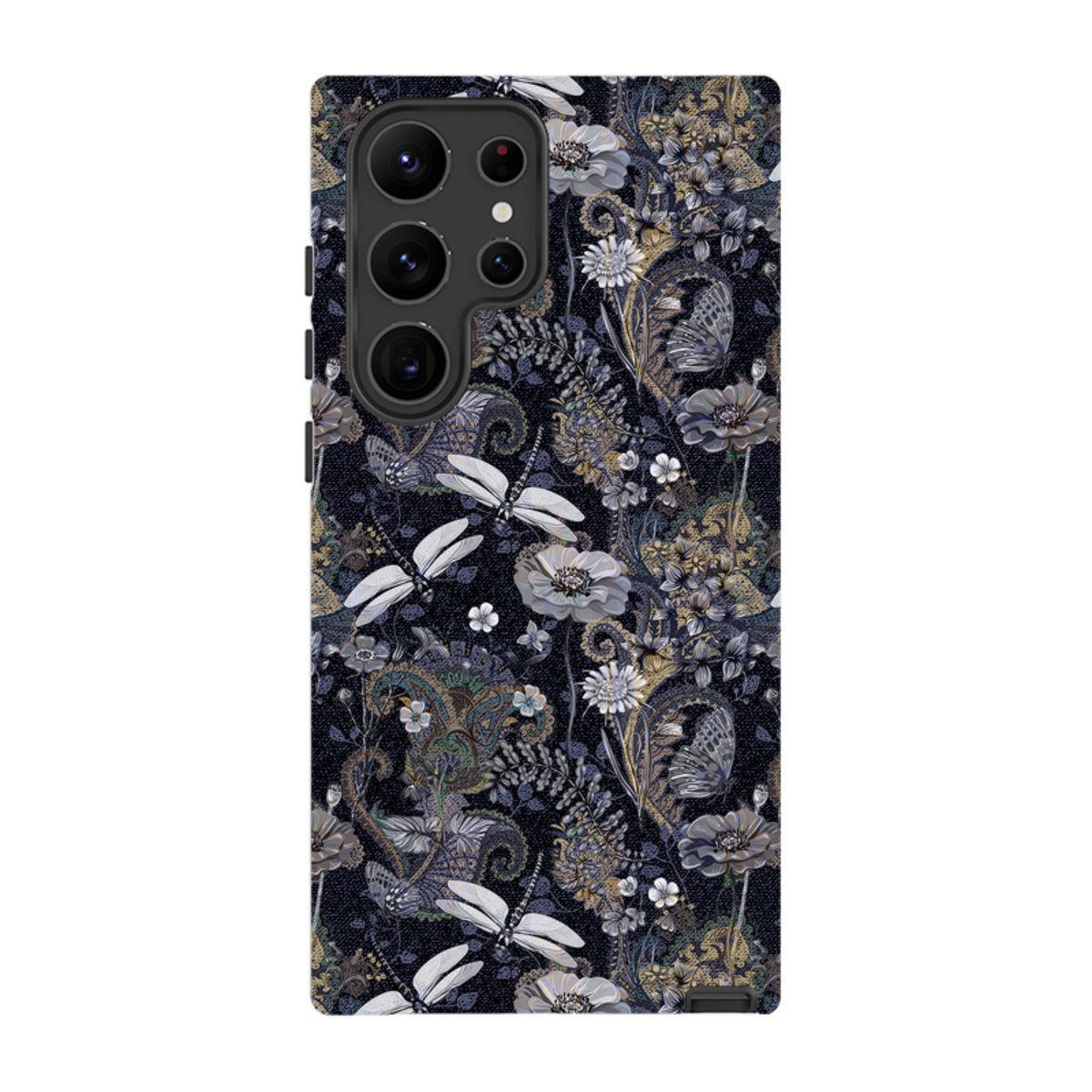 Samsung Tough Case featuring a dark Belsay floral and dragonfly pattern with a dual-layer protective design.