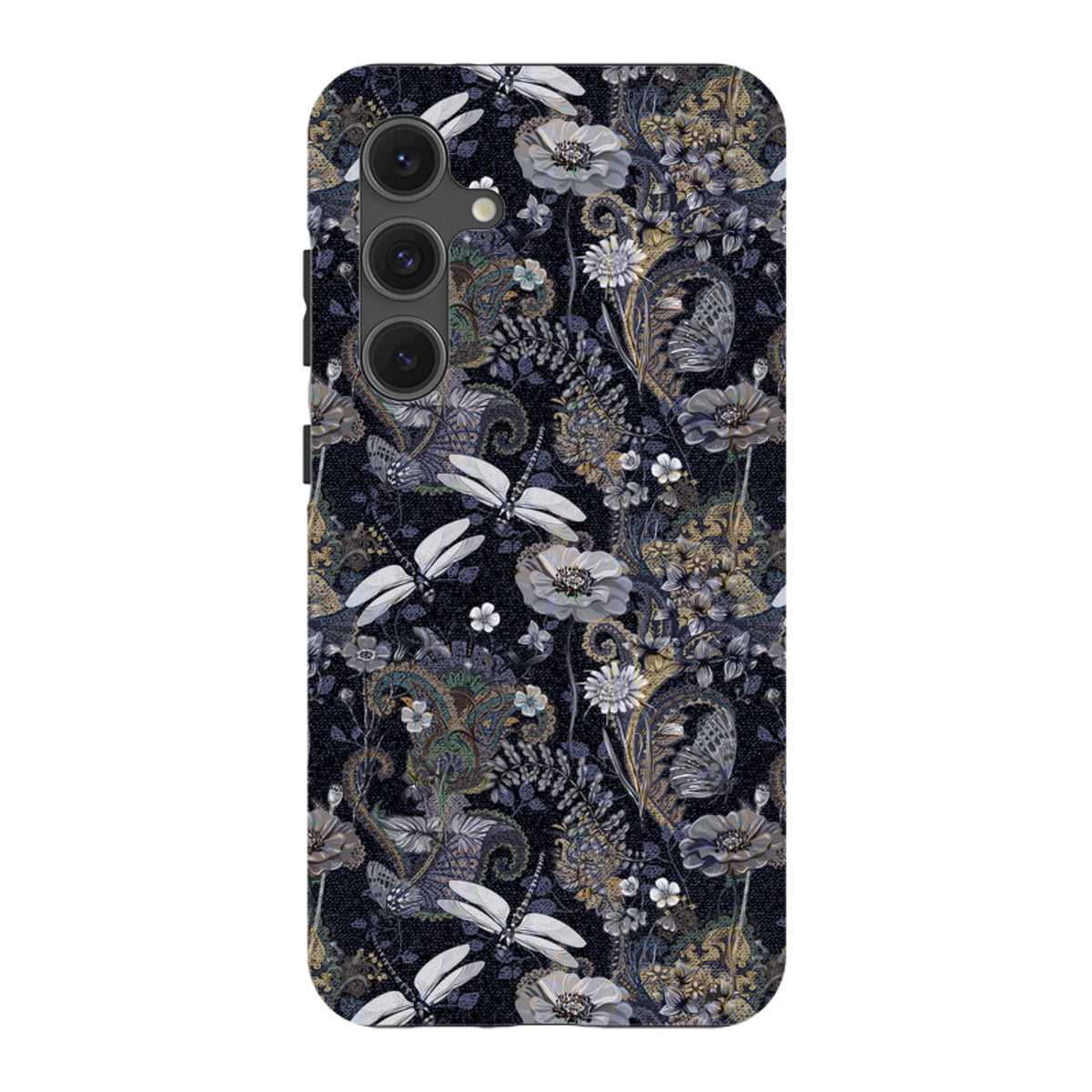 Samsung Tough Case featuring a dark Belsay floral and dragonfly pattern with a dual-layer protective design.