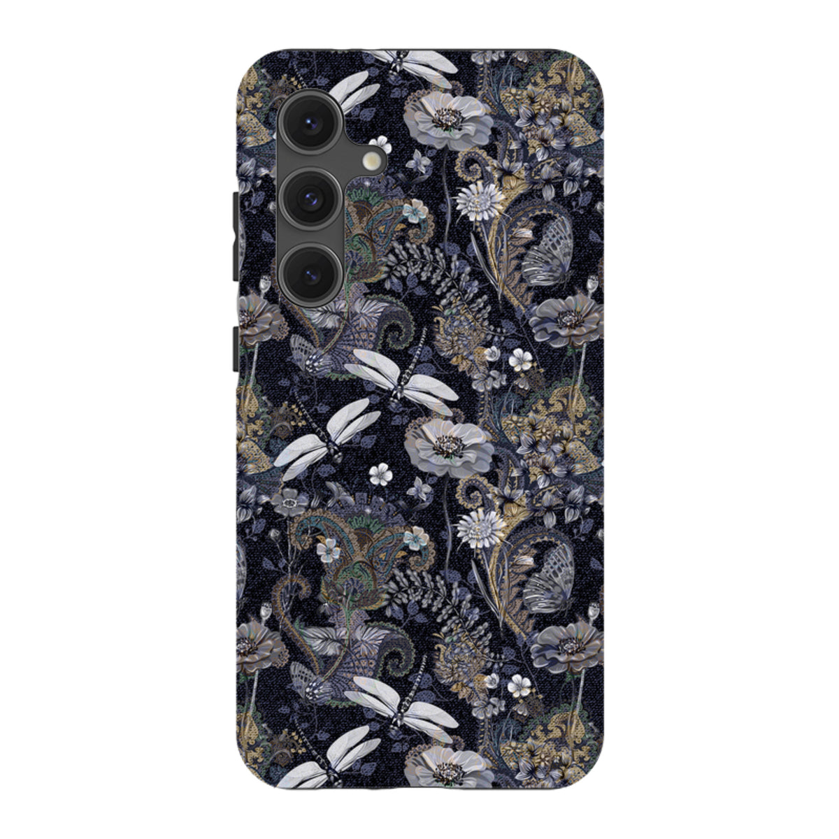 Samsung Tough Case featuring a dark Belsay floral and dragonfly pattern with a durable dual-layer protective design.