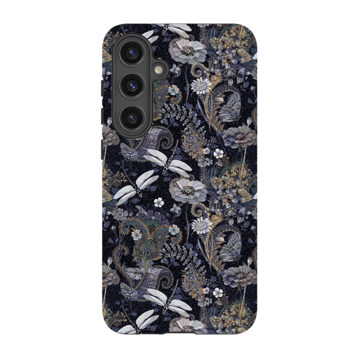 Samsung Galaxy tough case featuring a dark Belsay floral and dragonfly pattern with a durable dual-layer design.