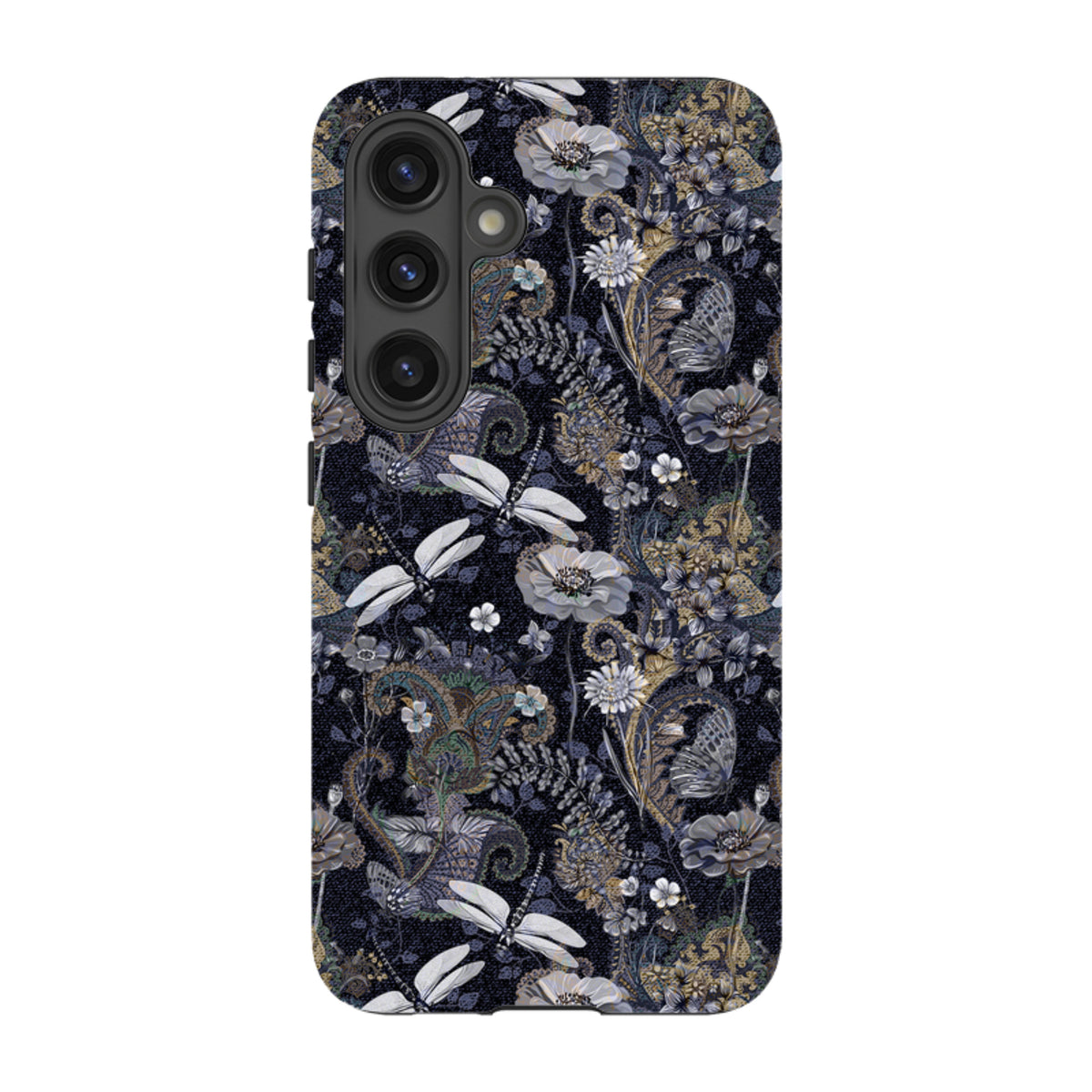 Samsung Tough Case featuring a dark Belsay floral and dragonfly pattern with dual-layer protection for Galaxy phones.
