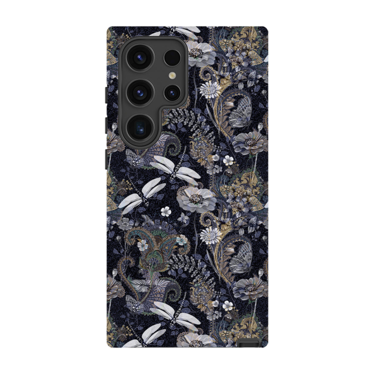 Samsung Tough Case featuring a dark Belsay floral and dragonfly pattern with dual-layer protection for Galaxy phones.