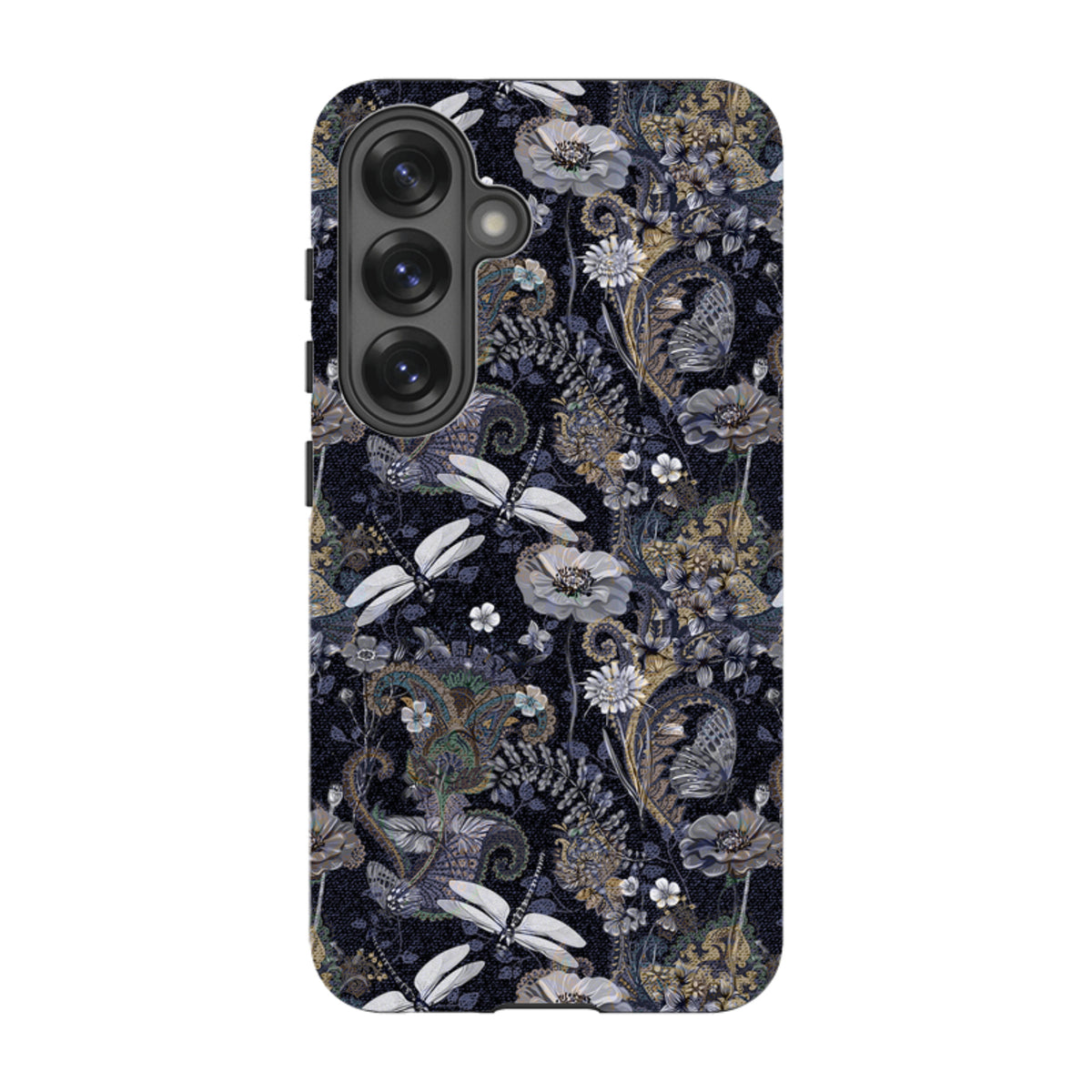 Samsung Tough Case featuring a dark Belsay floral and dragonfly pattern with a durable dual-layer protective design.