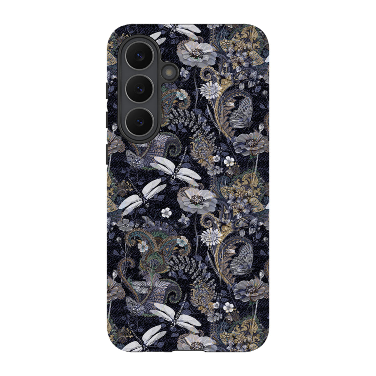 Samsung Tough Case featuring a dark Belsay floral and dragonfly pattern with a durable dual-layer protective design.