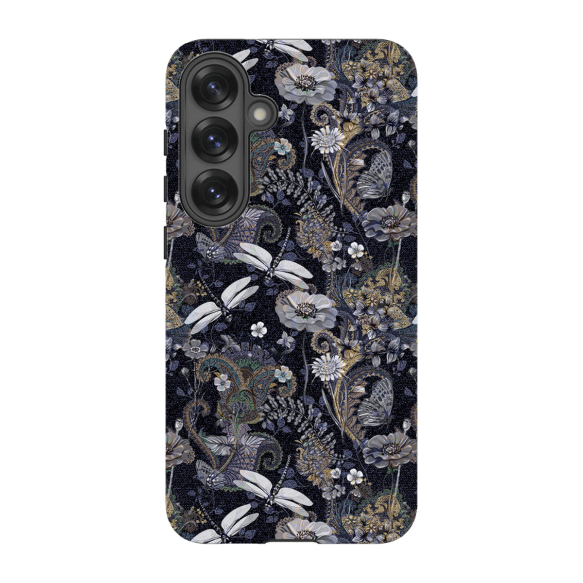 Samsung Tough Case featuring a dark Belsay floral and dragonfly pattern with a durable dual-layer protective design.