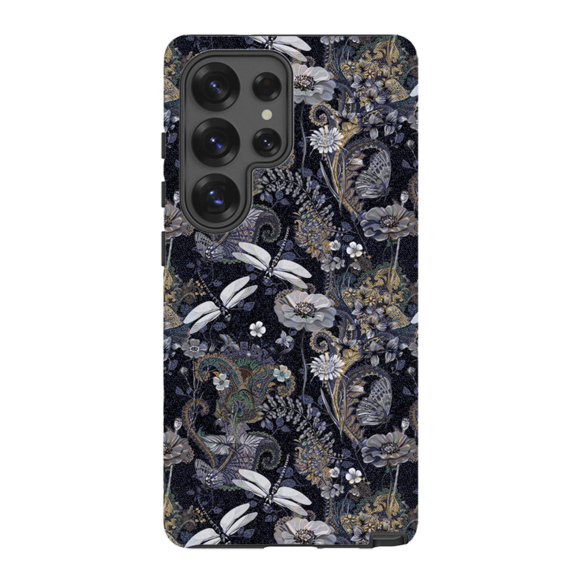 Samsung Galaxy tough case featuring a dark Belsay floral and dragonfly pattern with a durable dual-layer design.