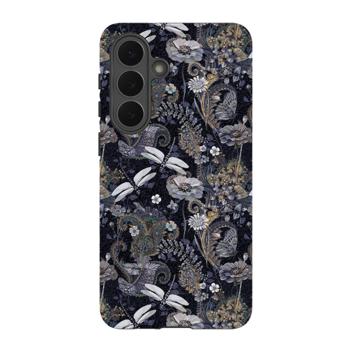 Samsung Tough Case featuring a dark Belsay floral and dragonfly pattern with a durable dual-layer design for Galaxy phones.