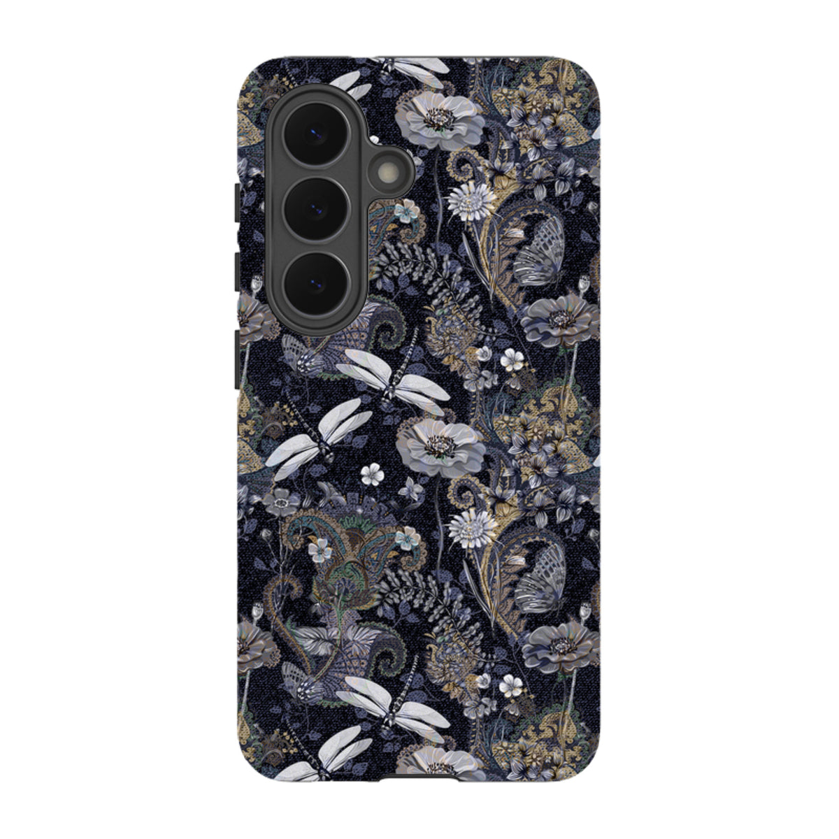 Samsung Tough Case featuring a dark Belsay floral and dragonfly pattern with dual-layer protection for Galaxy devices.