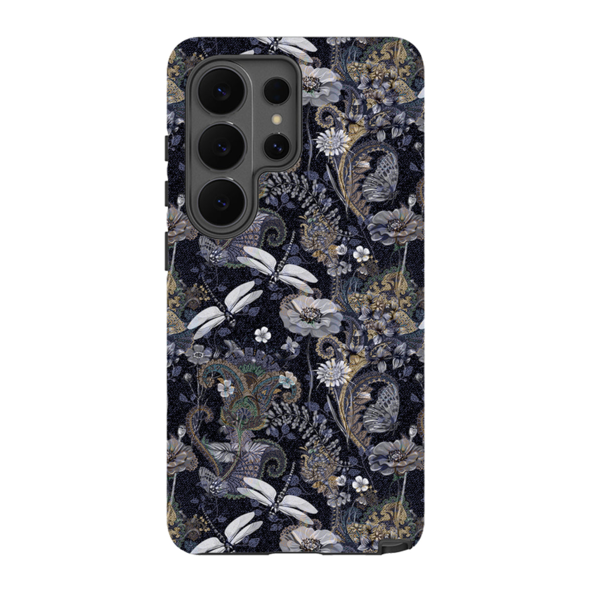 Samsung Galaxy tough case featuring a dark Belsay floral and dragonfly pattern with a durable dual-layer protective shell.