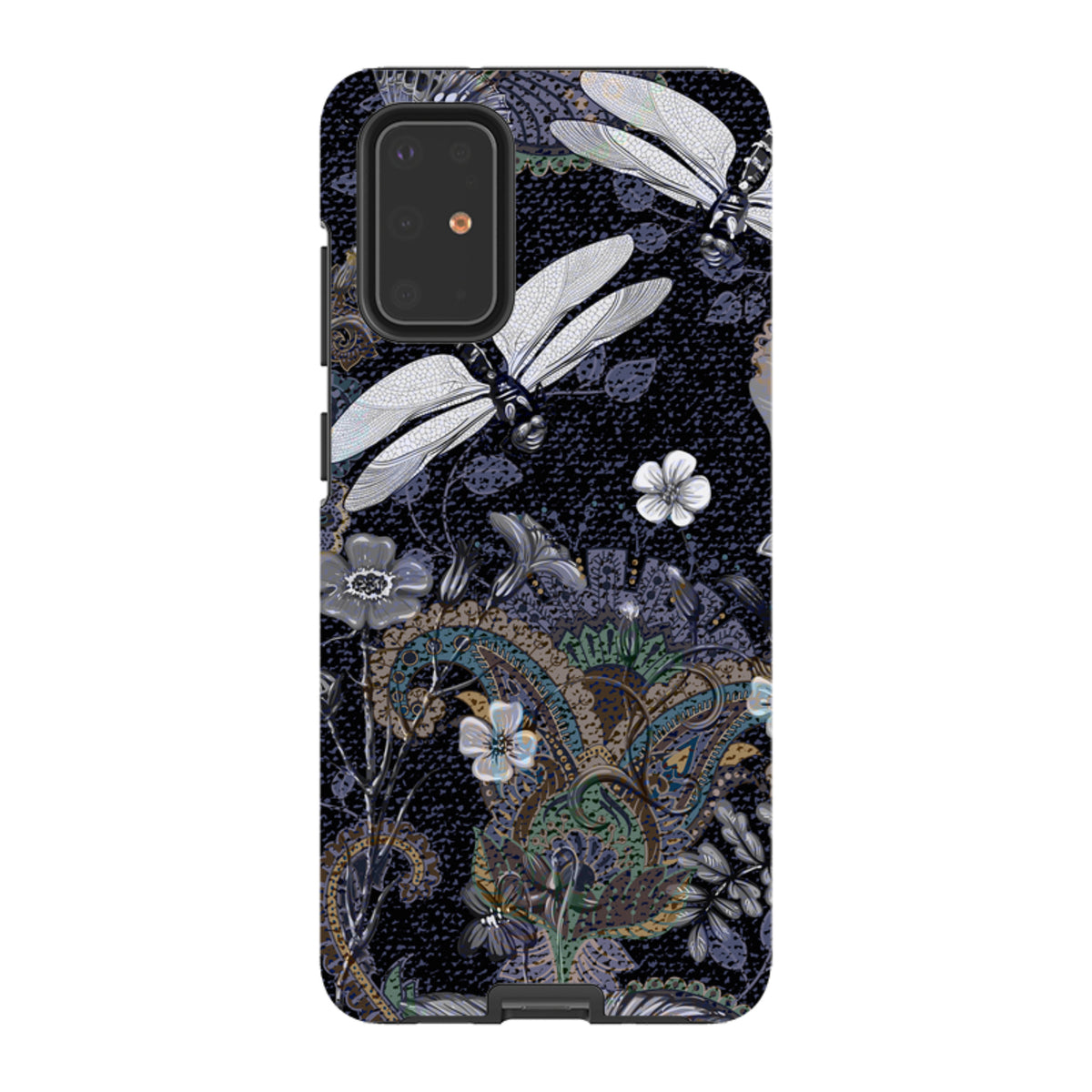 Samsung Tough Case featuring a dark floral and dragonfly pattern with paisley accents and dual-layer protective design.