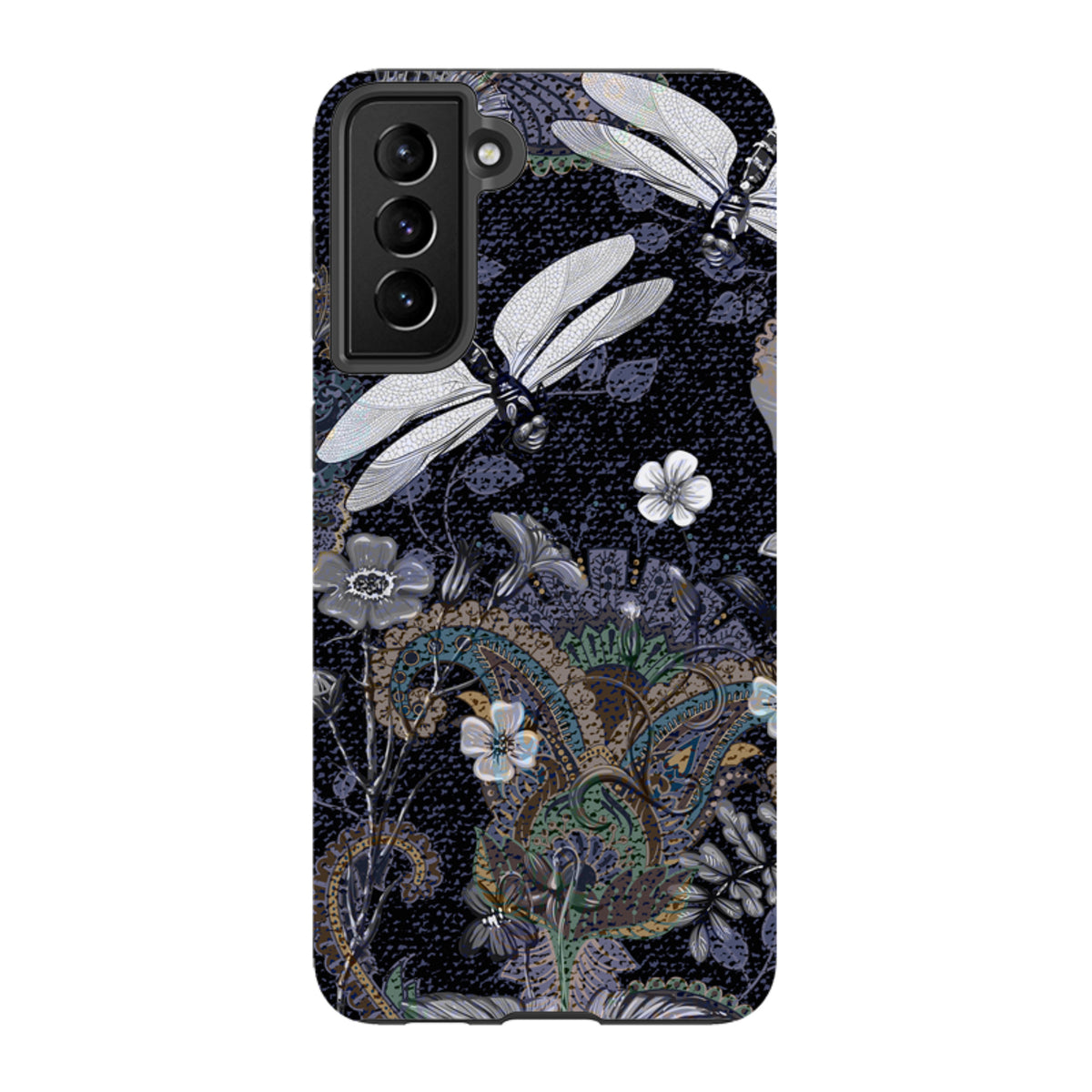 Samsung Tough Case featuring a dark floral and dragonfly pattern with dual-layer protection for a Galaxy smartphone.
