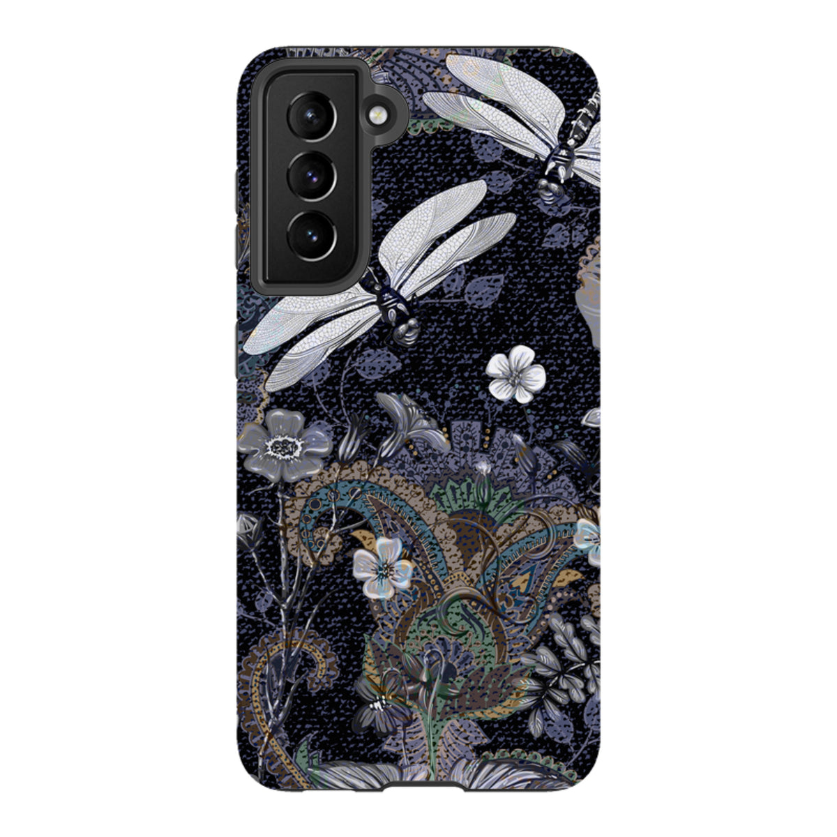 Samsung Tough Case featuring a dark floral and dragonfly pattern with paisley accents and a dual-layer protective design.