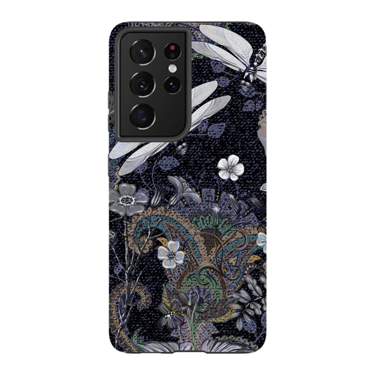 Samsung Tough Case featuring a dark floral and dragonfly pattern with a dual-layer design for Galaxy phones.