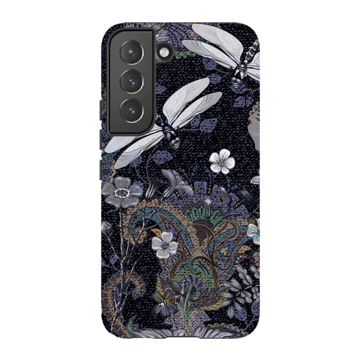 Samsung Tough Case featuring a dark floral and dragonfly pattern with paisley accents and a protective dual-layer design.