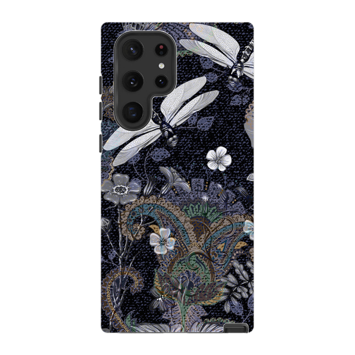 Samsung Tough Case for Galaxy featuring a dark floral and dragonfly print with a durable dual-layer protective design.