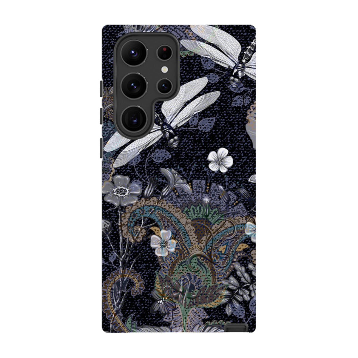 Samsung Tough Case featuring a dark floral and dragonfly pattern with a dual-layer design for Galaxy phones.