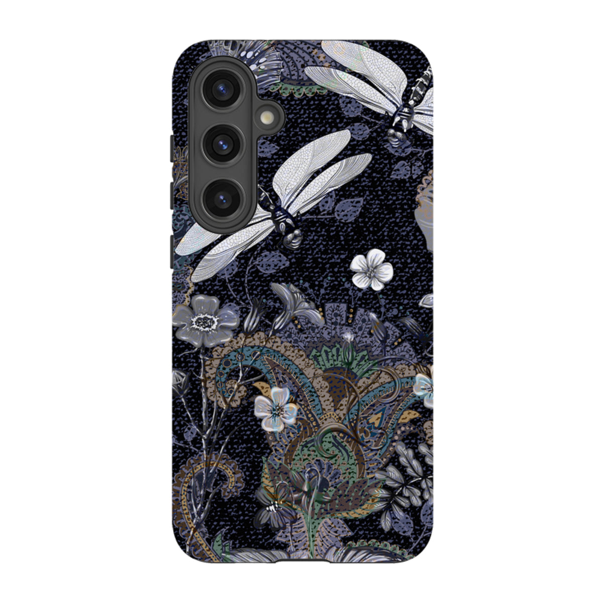 Samsung Tough Case featuring a dark floral and dragonfly print with dual-layer protection and precise camera cutouts.
