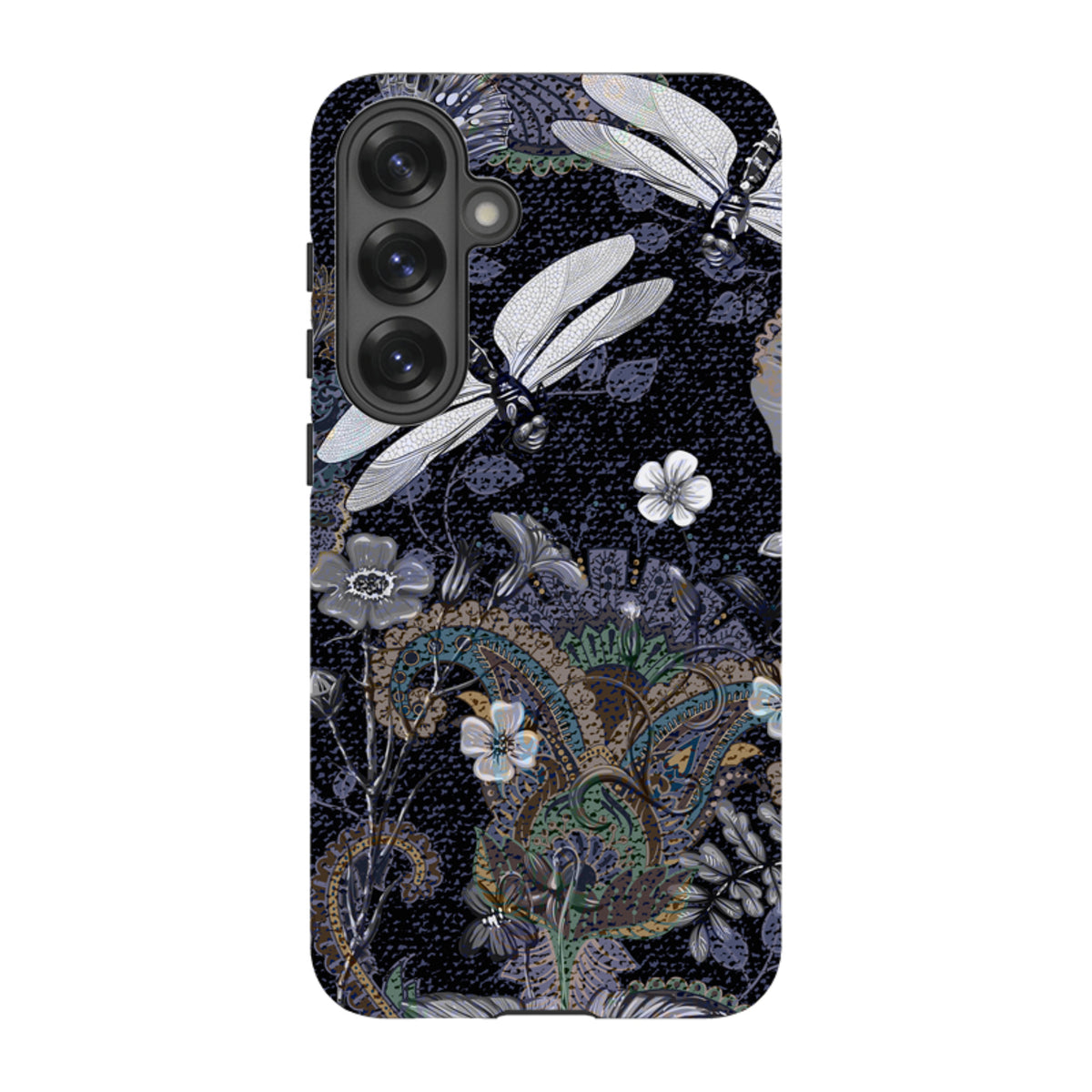 Samsung Tough Case featuring a dark floral and dragonfly pattern with a dual-layer design for Galaxy phones.