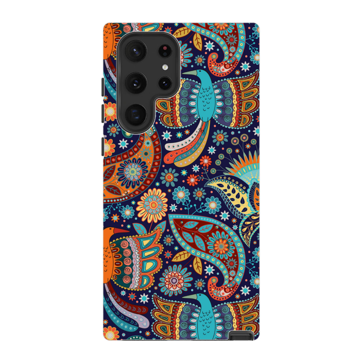 Samsung Galaxy tough case featuring a vibrant Bettyhill paisley and bird pattern on a dark blue background.