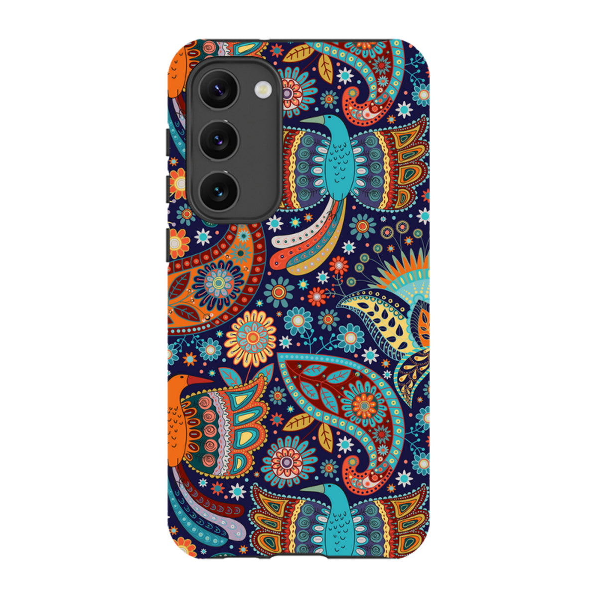 Samsung Tough Case featuring a vibrant Bettyhill paisley and bird pattern on a dark blue background with dual-layer protection.