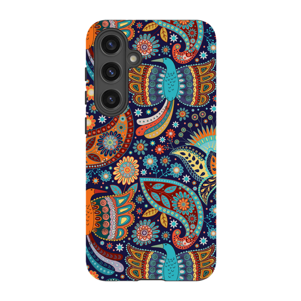 Samsung Tough Case featuring a vibrant Bettyhill paisley and bird pattern on a dark blue background with dual-layer design.