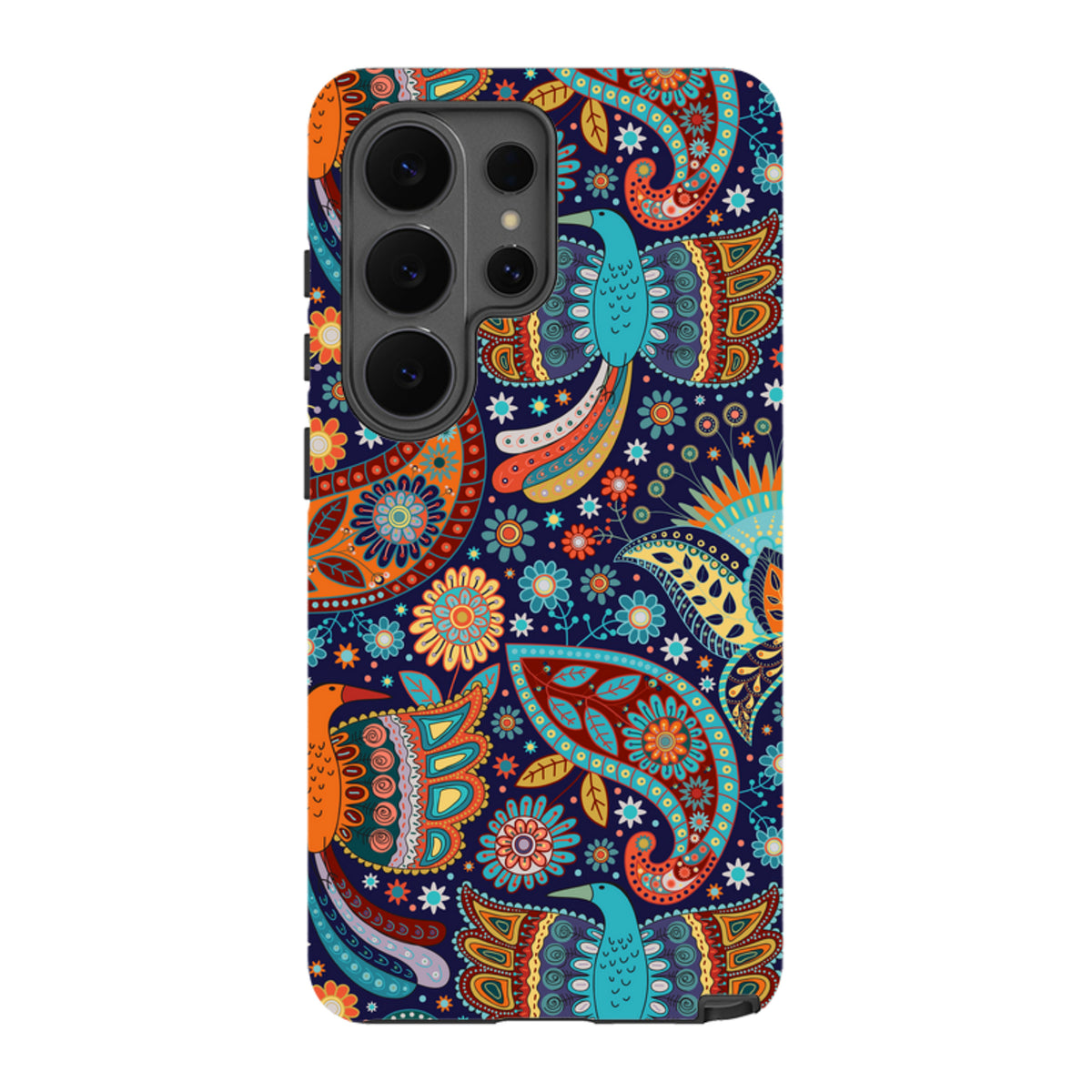 Samsung Galaxy tough case with a vibrant, colorful paisley and bird pattern on a dark blue background.