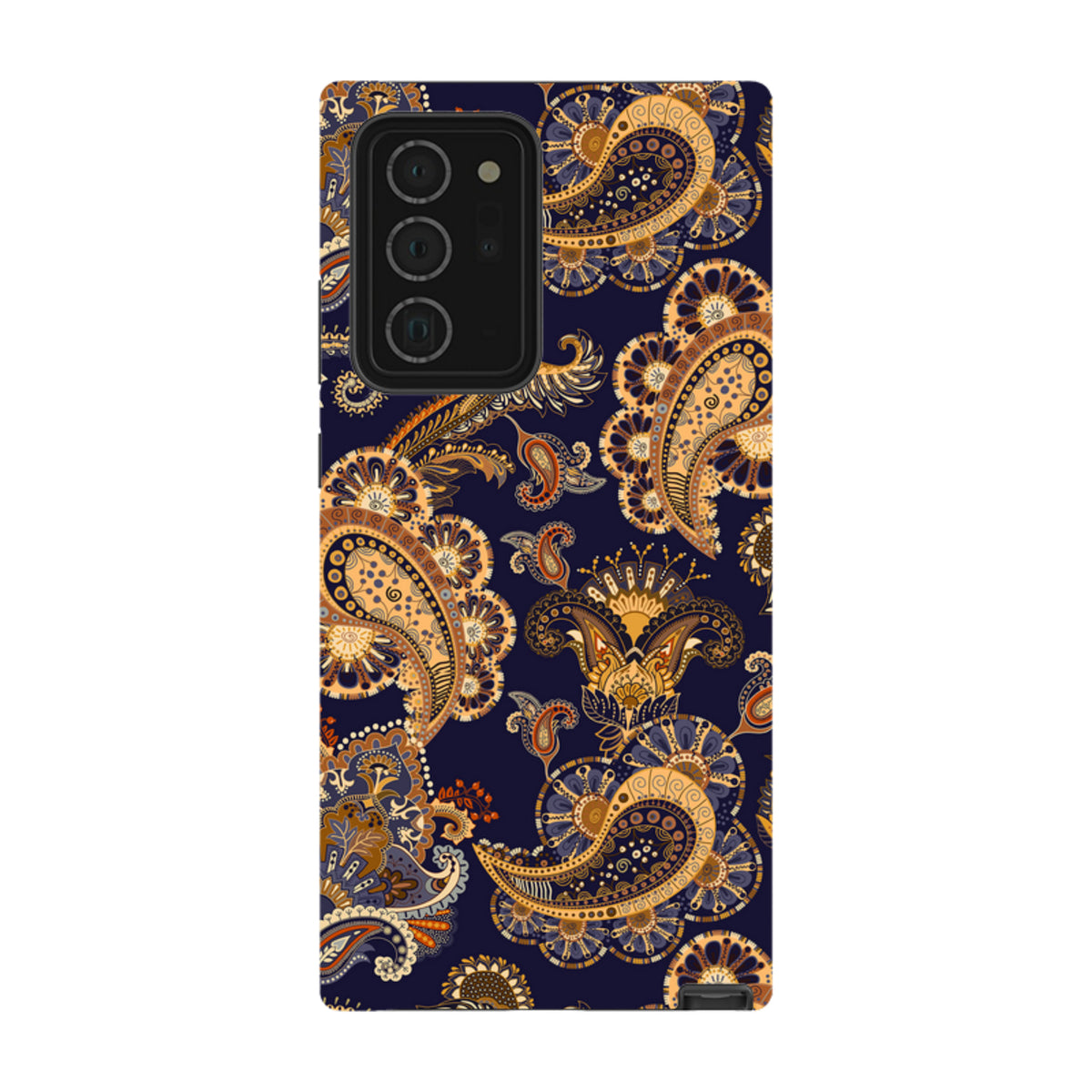 Samsung Galaxy tough case in navy blue with a vibrant, high-definition orange and gold paisley floral pattern.