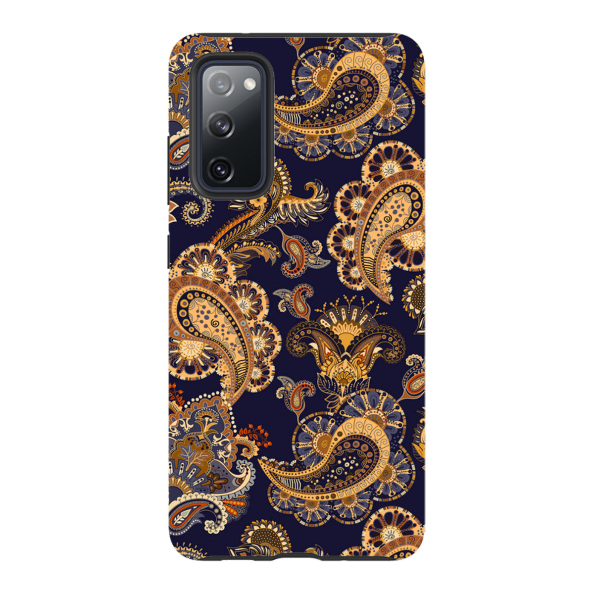 Samsung Tough Case featuring a vibrant, high-definition paisley pattern in orange and gold on a dark navy background.