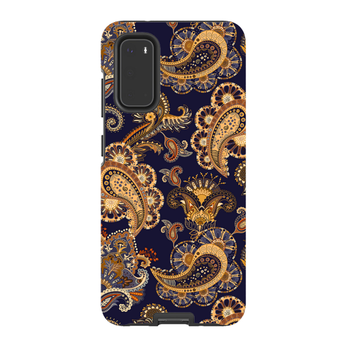 Samsung Tough Case in Bibury print featuring a dark blue background with intricate orange and gold paisley patterns.
