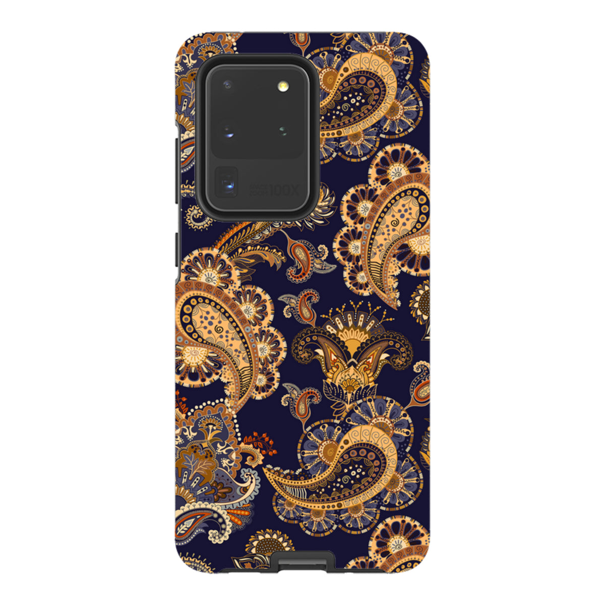 Samsung Galaxy tough case featuring a vibrant navy blue background with intricate orange and gold paisley floral patterns.