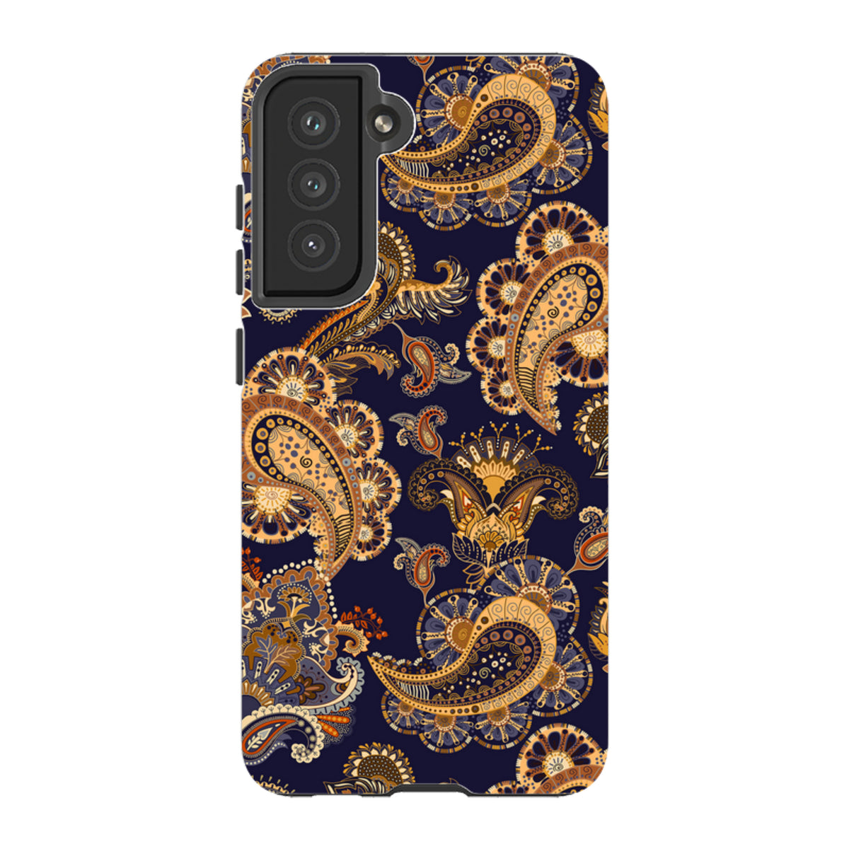 Samsung Galaxy tough case featuring a dark blue background with intricate, vibrant orange and gold paisley floral patterns.