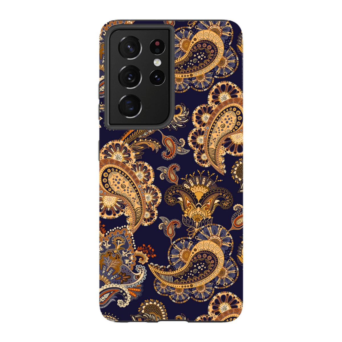 Samsung Galaxy tough case featuring a dark blue background with intricate orange and brown paisley floral patterns.