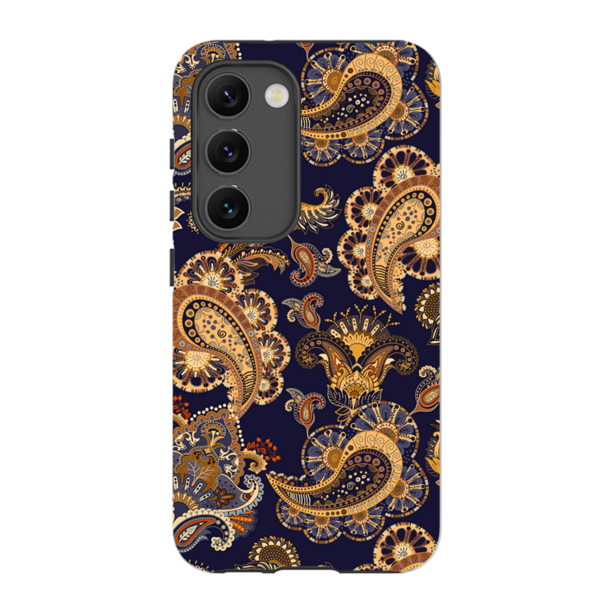 Samsung Galaxy tough case featuring a navy blue background with an intricate orange and gold paisley floral pattern.