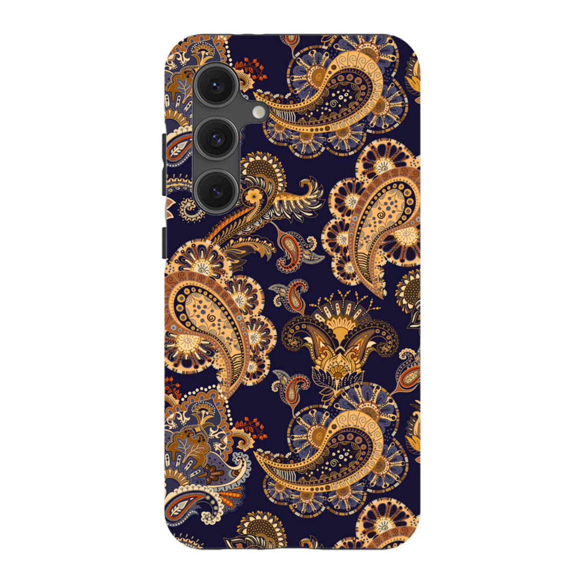 Samsung Tough Case in Bibury print featuring intricate orange and gold paisley patterns on a dark navy background.