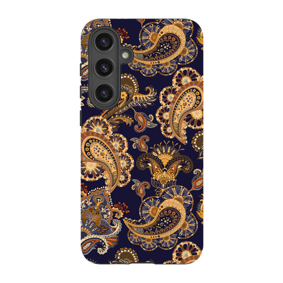 Samsung Galaxy tough case in Bibury print with intricate orange, gold, and blue paisley patterns on a dark navy background.