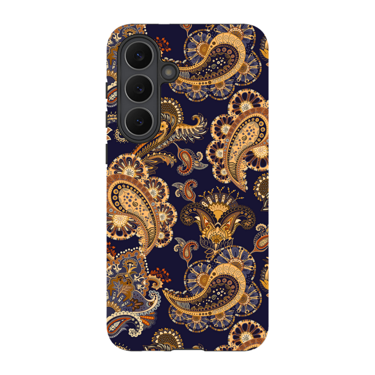 Samsung Tough Case featuring a dark blue background with intricate orange and gold paisley floral patterns.