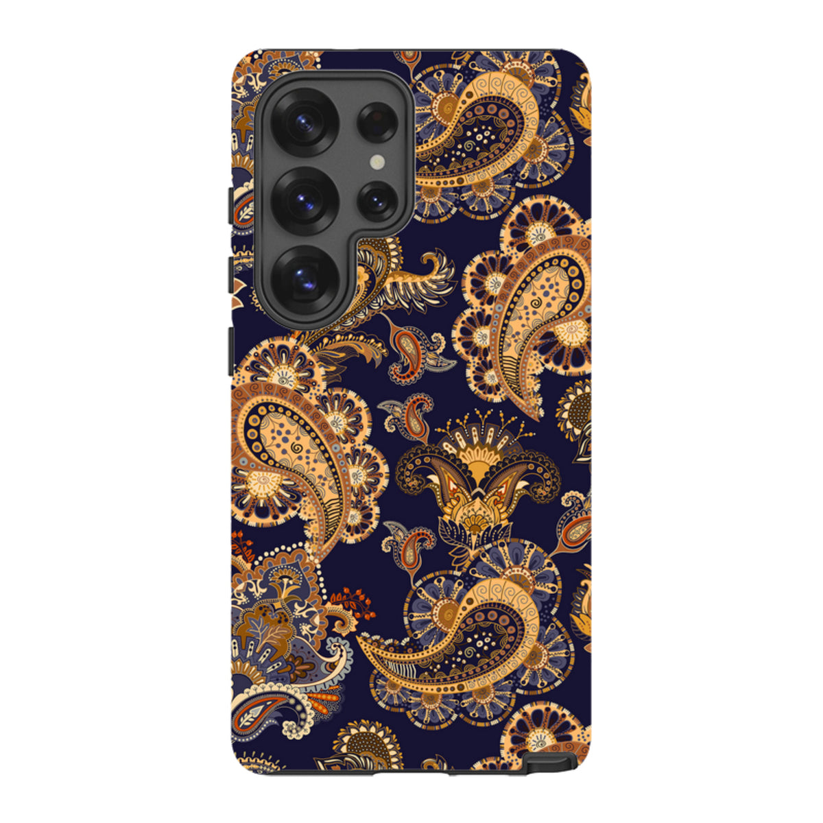 Samsung Tough Case in Bibury print featuring a dark blue background with intricate gold and orange paisley patterns.