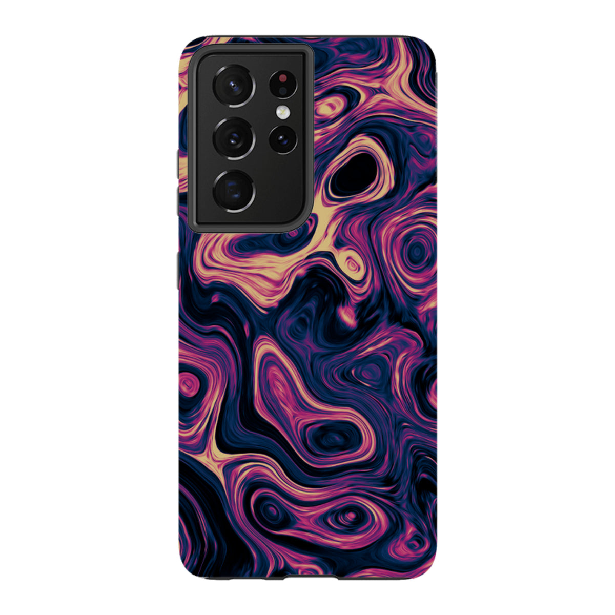 Samsung Galaxy tough case featuring a vibrant, swirling abstract pattern in shades of deep blue, magenta, and gold.