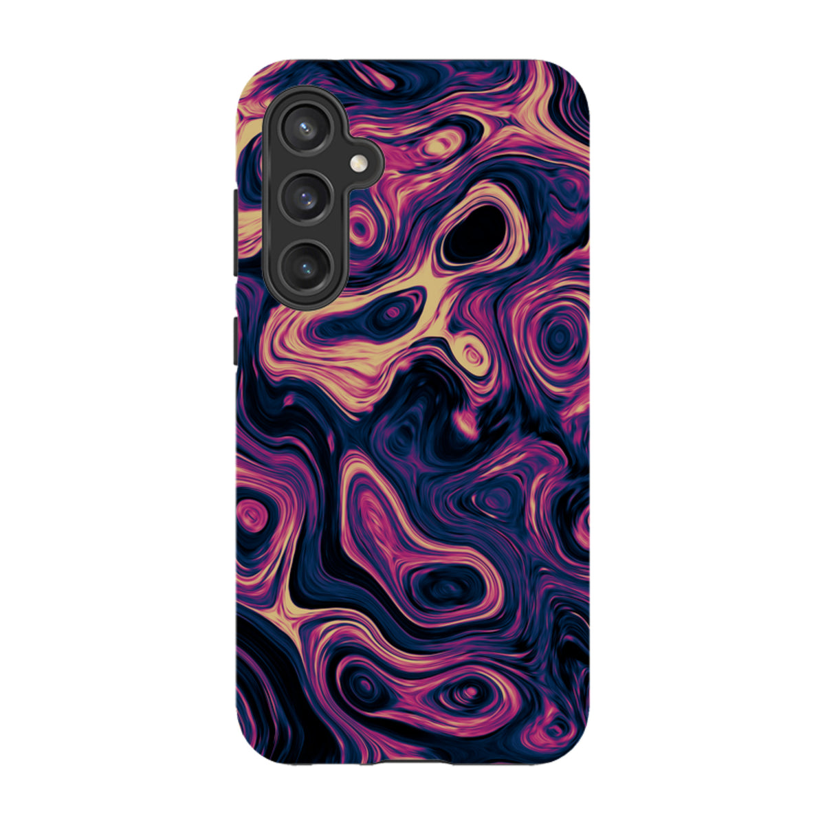 Samsung Tough Case in Bijou design with a vibrant, swirling purple and gold abstract pattern and triple camera cutout.