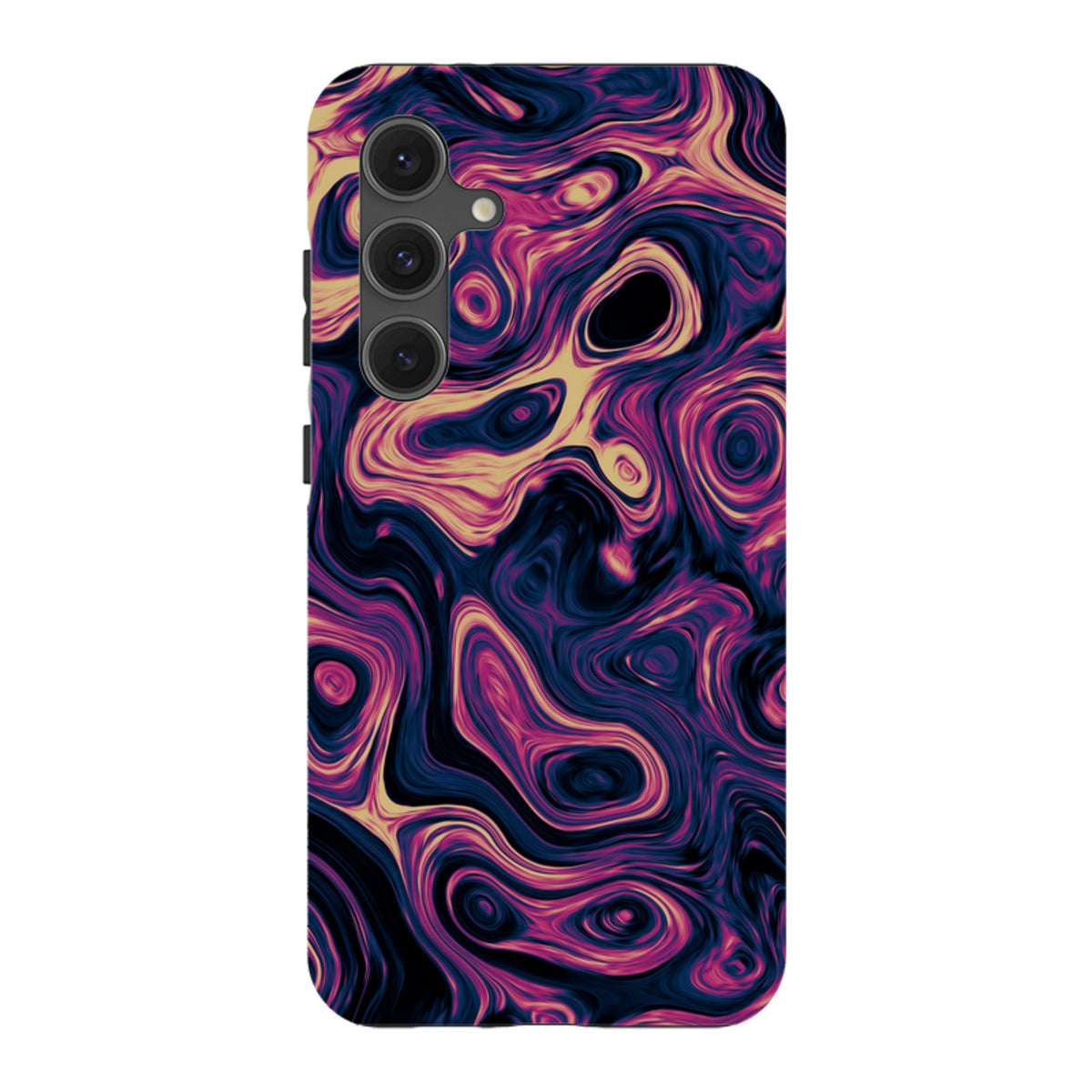 Samsung Galaxy tough case featuring a vibrant, swirling abstract marble pattern in shades of deep blue, pink, and gold.