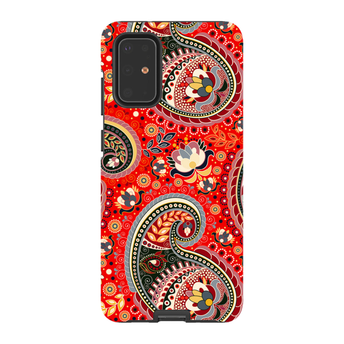 Samsung Tough Case featuring a vibrant red paisley pattern with intricate floral details and a protective dual-layer design.