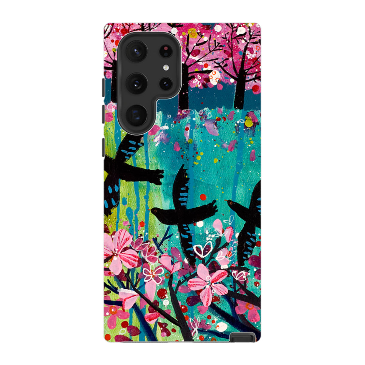 Samsung Tough Case featuring Claire West's Blackbirds art with vibrant pink flowers and birds on a teal background.