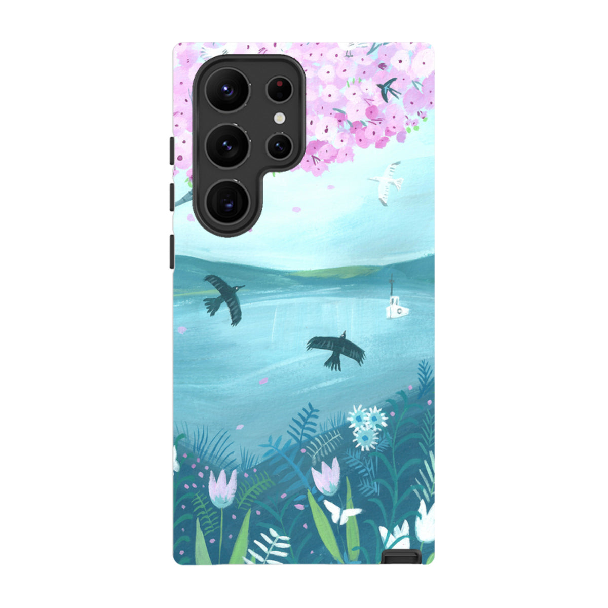 Samsung Tough Case featuring a blossom tree, birds, and coastal landscape art on a durable dual-layer phone cover.